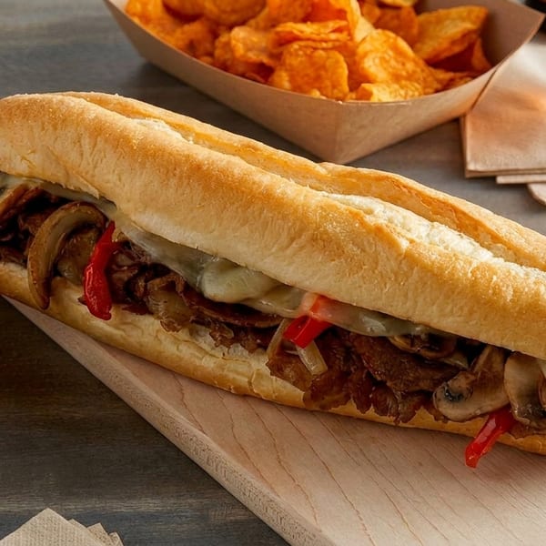 Cheesesteak sandwich with mushrooms, peppers, and melted cheese, served with chips and beer.