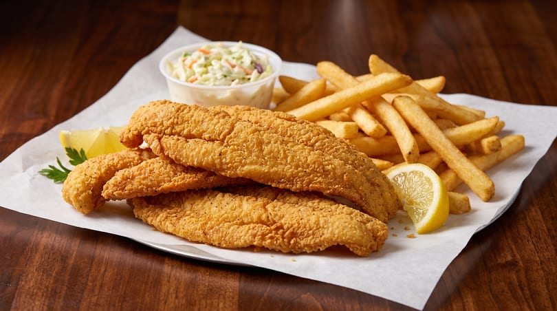 Golden-fried fish fillets, french fries, coleslaw, and lemon wedges on white paper.